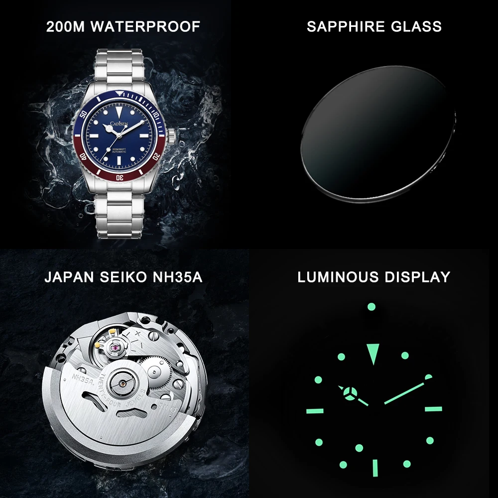 CADISEN New C3 Luminous Men Mechanical Wristwatches Sapphire Glass NH35 Automatic Watch Coke Batman Men 200M relogio masculino