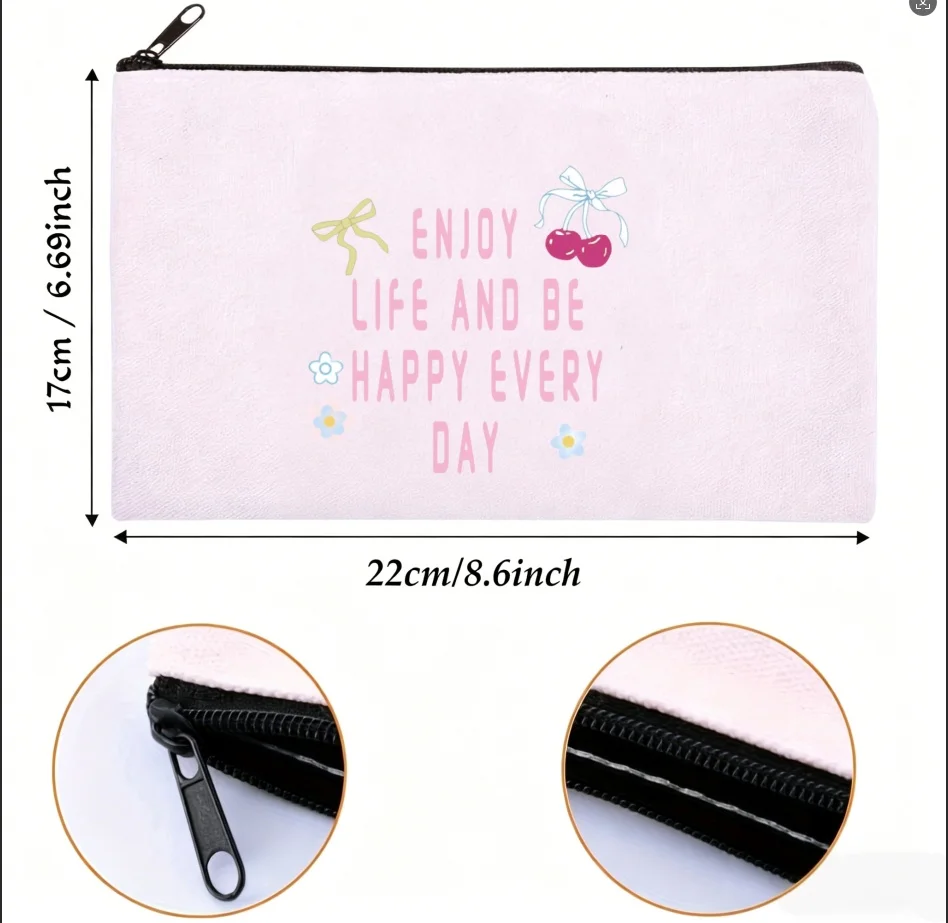 1PC Enjoy Life And Be Happy Every Day Cherry Bow Canvas Zipper Pouch Coquette Print Makeup Storage Bag