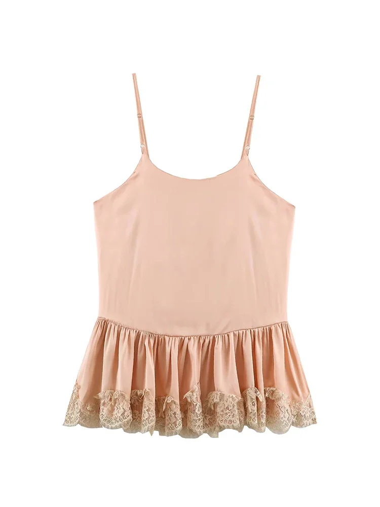New Women Spring Summer Casual Nude Pink Satin Cami Top Adjustable Straps Lace Trim Peplum Hem For Beach Vacation Daily Wear