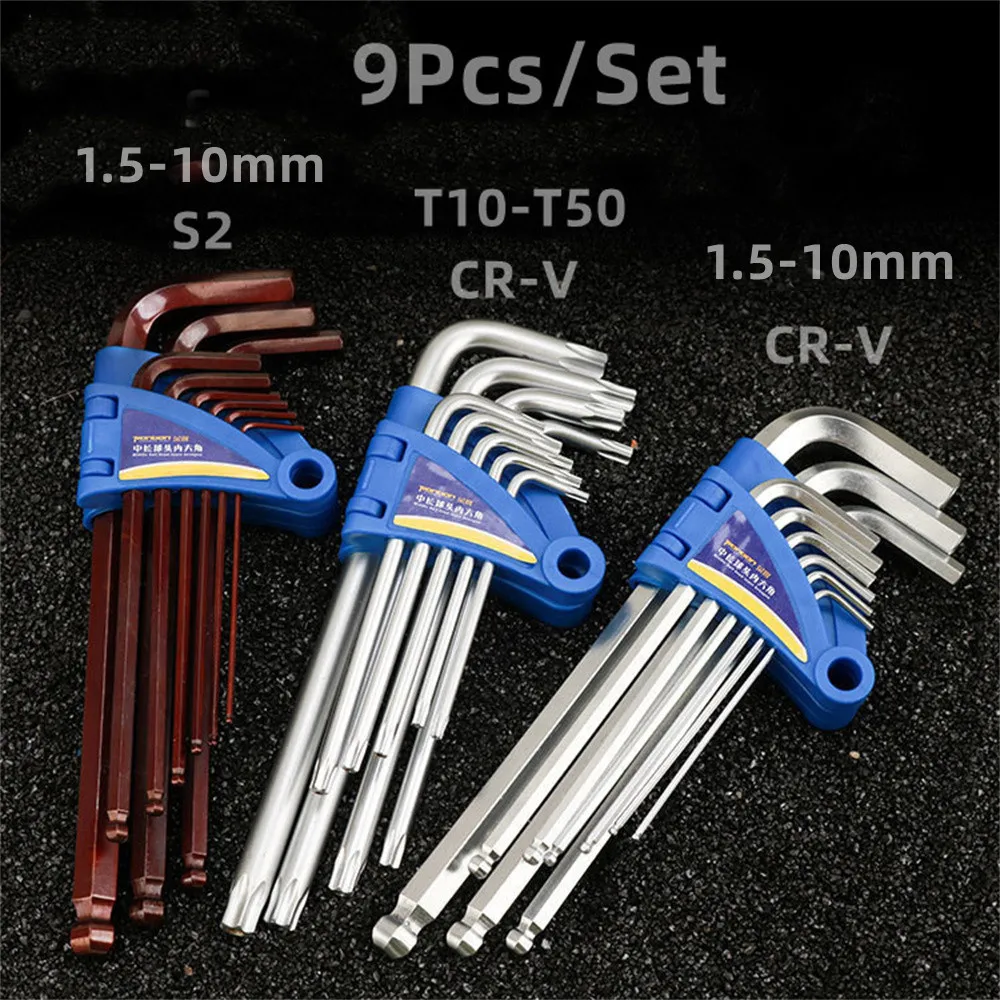 9Pcs/Set Metric Hex Wrench 1.5mm 2mm 2.5mm 3mm 4mm 5mm 6mm 8mm 10mm Torx Allen Wrench T10 T15 T20 T25 T27 T30 T40 T45 T50