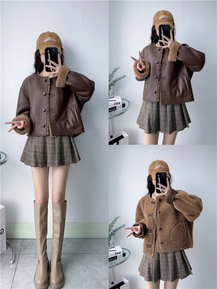 Sheep shearing flannel double-sided wearing large grain wool short style antique coat lamb wool coat small temperament Haining