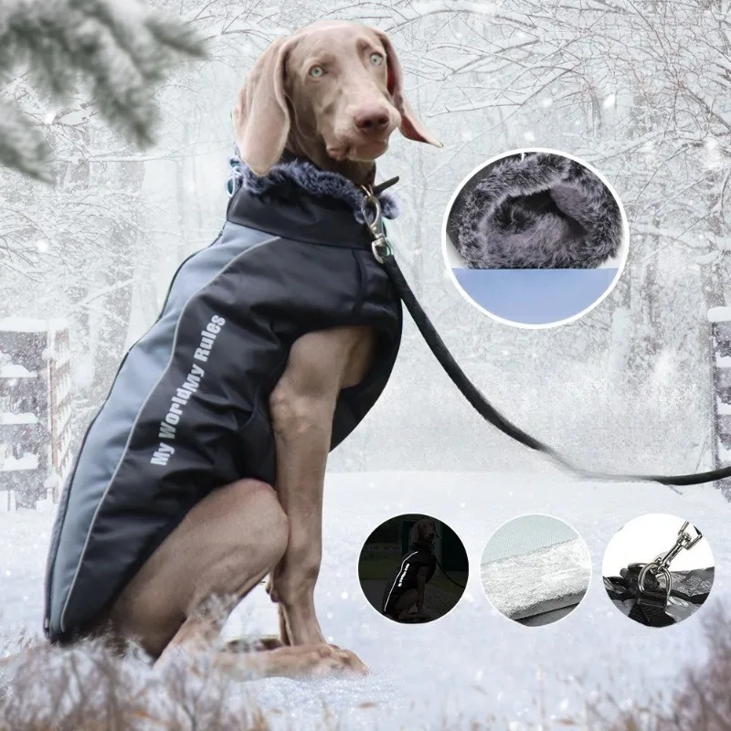 Xl-6xl hiver nouveau réfléchissant vêtements pour animaux de compagnie chien chaud col de fourrure noir coton manteau veste pour animaux de compagnie grand chien vêtements fournitures pour animaux de
