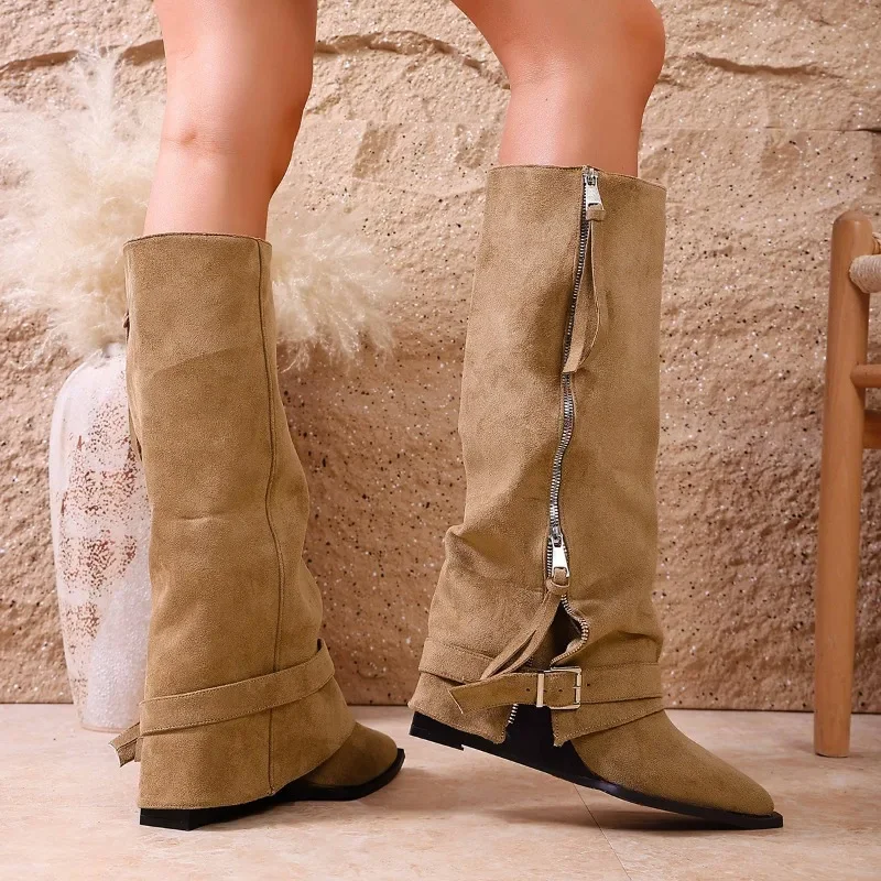 

Retro Hot Girl Style Chunky Heel Trouser Leg Boots Long Leg Boots 2025 Belt Buckle Pointed Toe Women