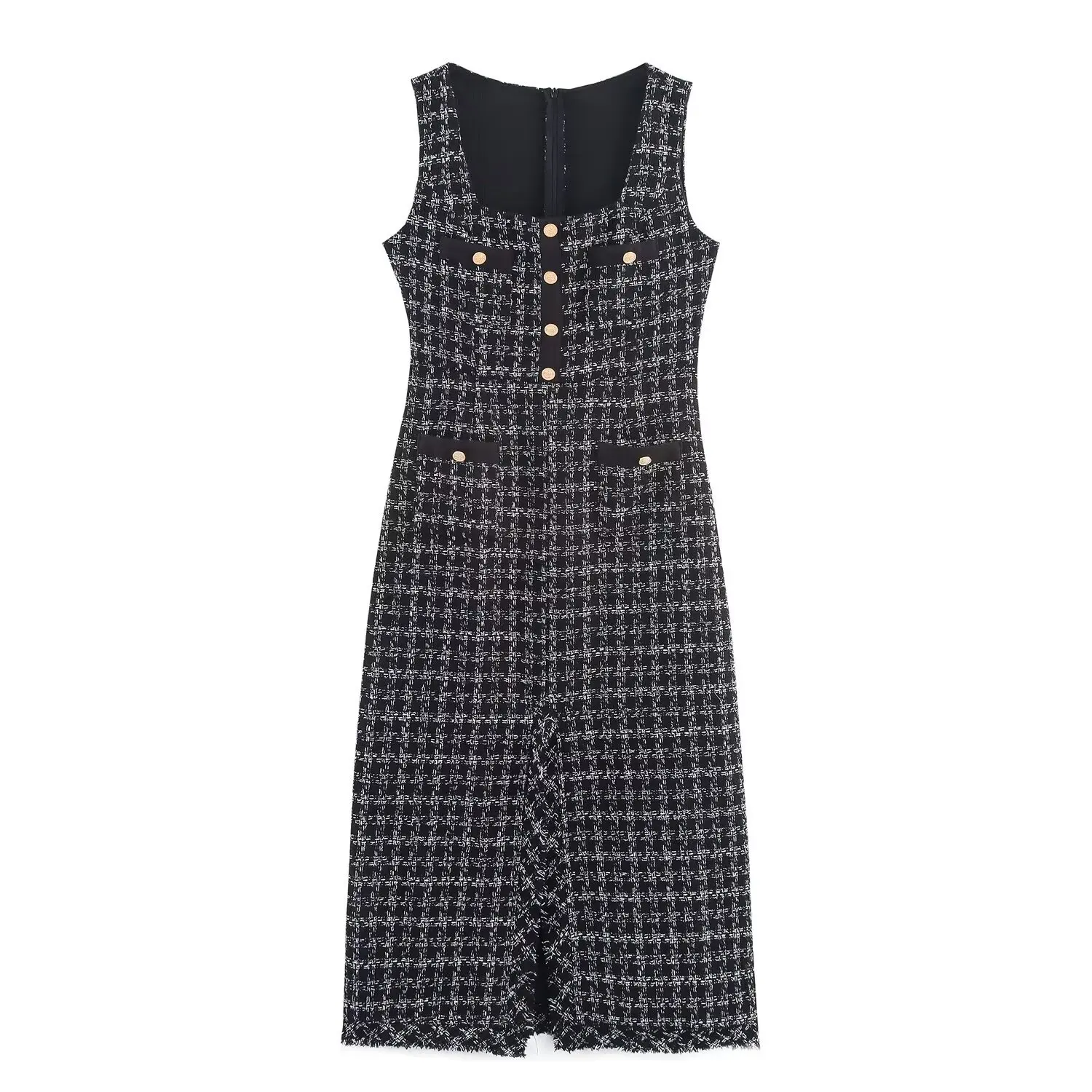 2피스 세트 플래드 텍스처 스플릿 롱 드레스 세트 여성 가을 긴팔 거친 트위드 블레이저 + 사각 칼라 앞면 미디 스커트