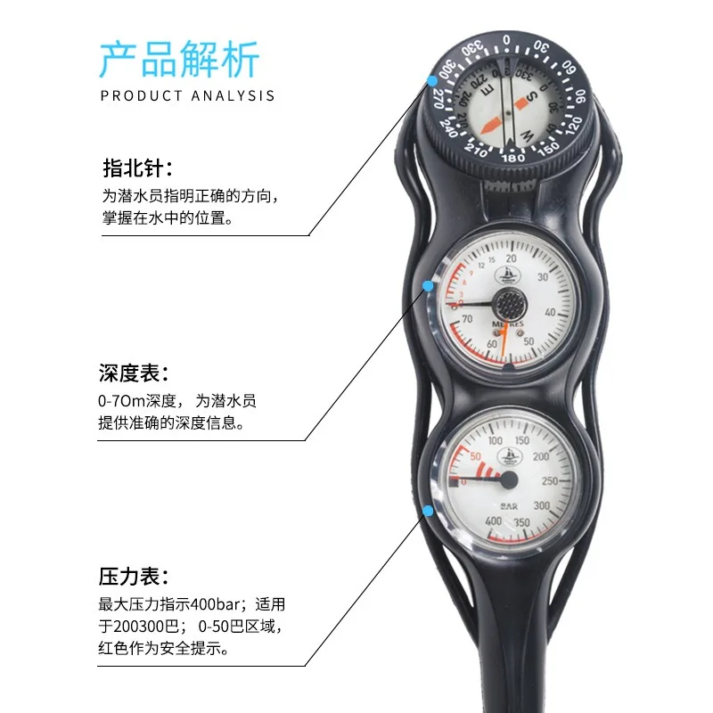 Diving instrument, triple gauge, scuba barometer depth gauge, compass