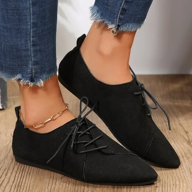 Fashion Pointed Shoes Female Shoes Daily Casual Shoes Classics Black Lace-Up Comfortable Flats Women\'s Flat Shoes 2024 Autumn