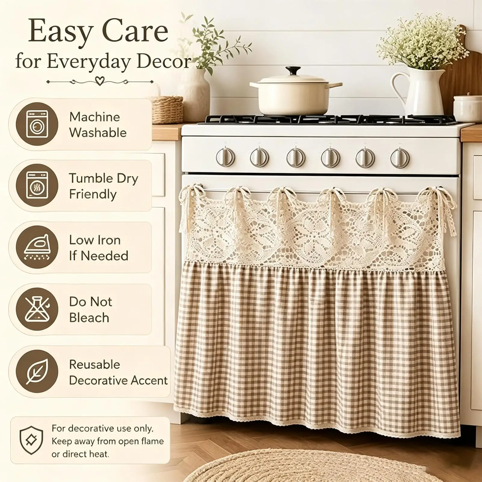 1PC Farmhouse Oven Skirt Ruffled Ribbon Tie Oven Curtain Gingham Plaid Stove Cover 77x55cm Cabinet Panel Privacy Screen