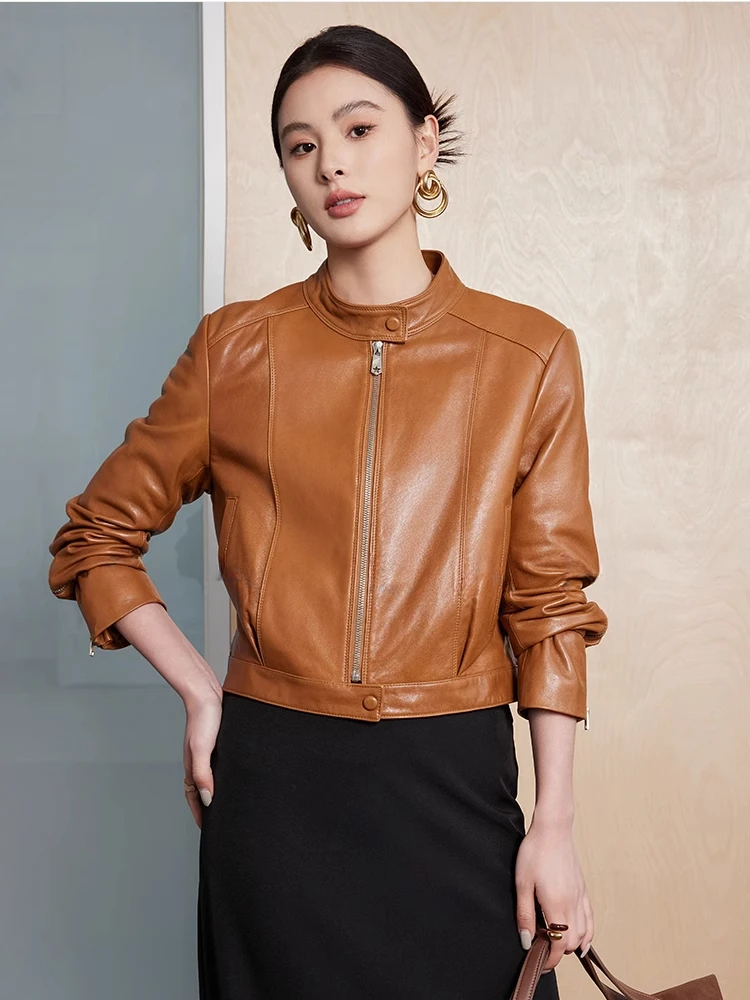 

Slim Cropped Genuine Leather Motorcycle Jackets for Women High-end Simple Stand Collar Solid Soft Oil Wax Real Sheepskin Coat