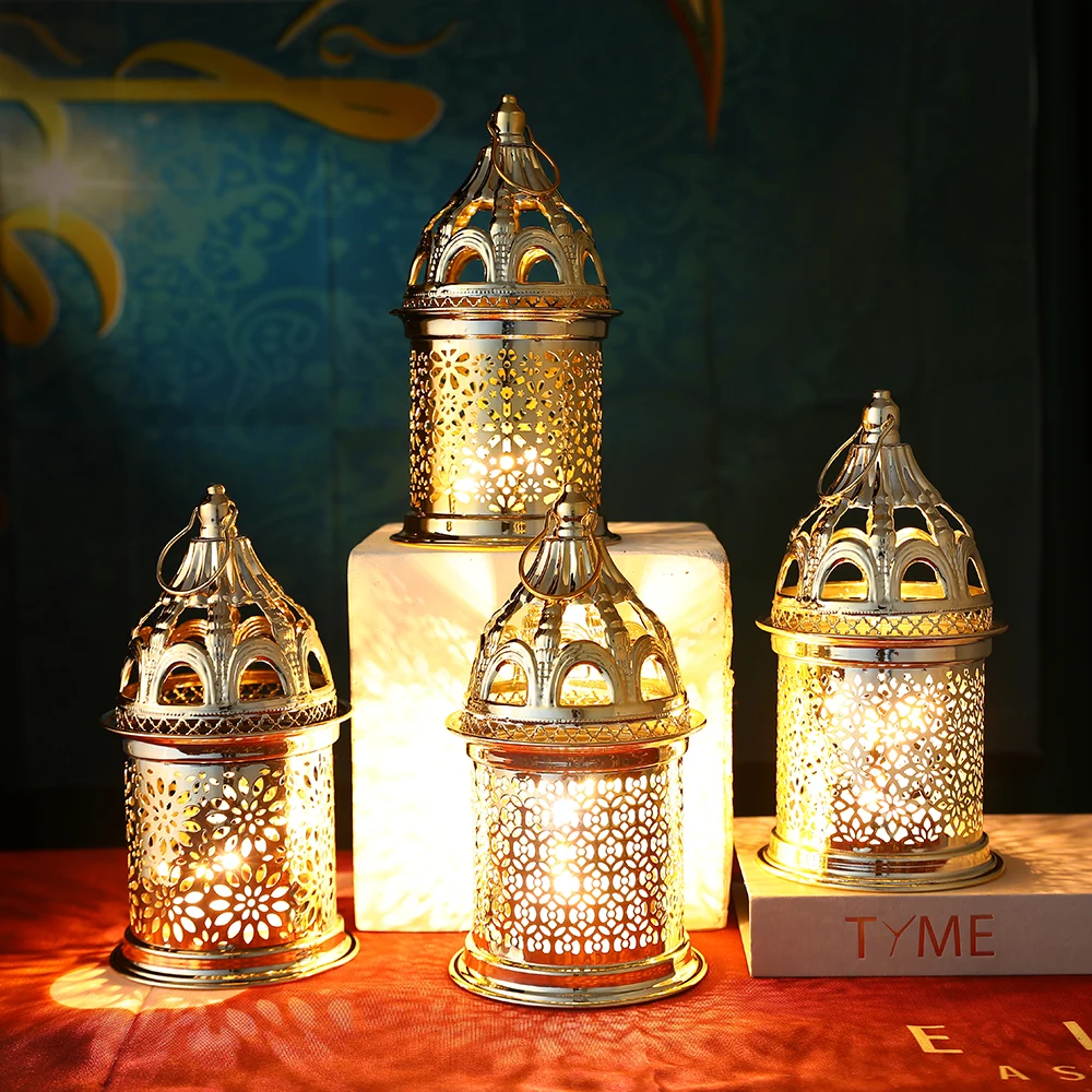 Gold Metal Lantern Lights Fancy Dome Ramadan Decoration Lamp With Music Eid Mubarak Home Decors Islamic Muslim Gifts Eid al-Fitr