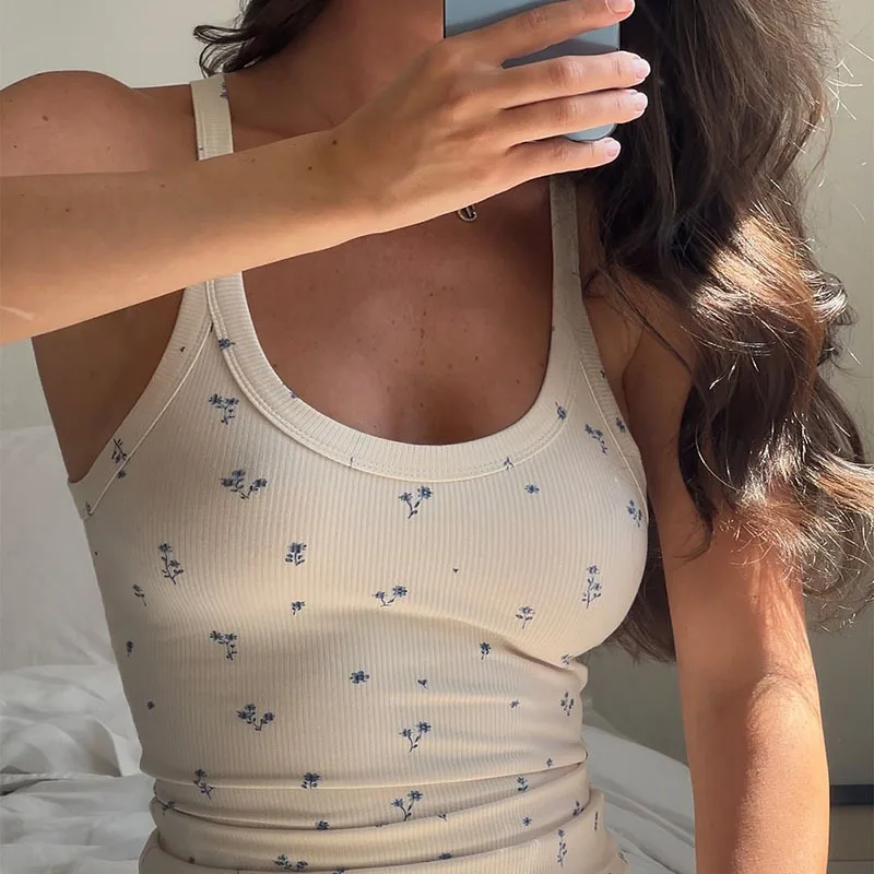 야외 홈웨어 세트 여성 파자마 세트 봄 여름 신상 캐주얼 프린트 민소매 조끼 바지 투피스 라운지웨어 세트 여성용