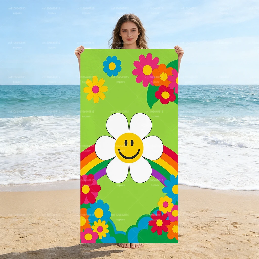 Retro Smile Daisy Rainbow Beach Towel, Colorful Flower Print Quick Dry Microfiber Bath Towel, Lightweight Absorbent Towel