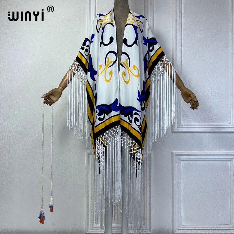 

WINYI new kimono beach cover-ups boho print summer outfits for women Elegant fashion Cardigan sexy Holiday tassels maxi dress