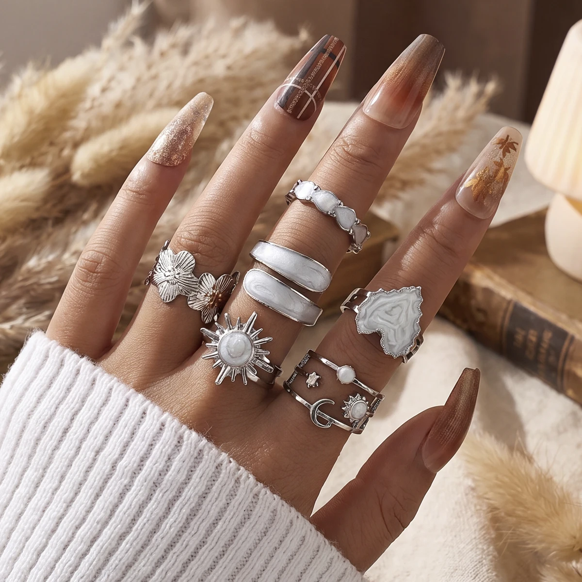 6 Pcs Silver Color Ring Set For Women Fashion Sun Moon Heart Flower Stackable Rings Opal Jewelry For Party Daily Wear Gifts 2026