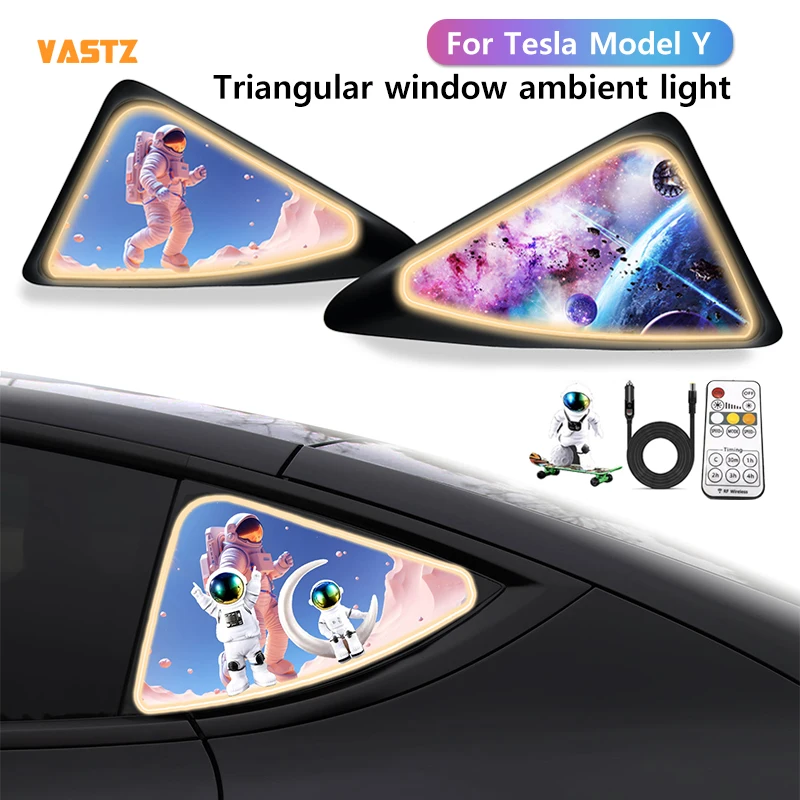 VASTZ 2 Pack Car Triangle Window Ambient Light Kit for Tesla Model Y 2017-2024 LED Warm and Cold Light Strips Lighting With Doll