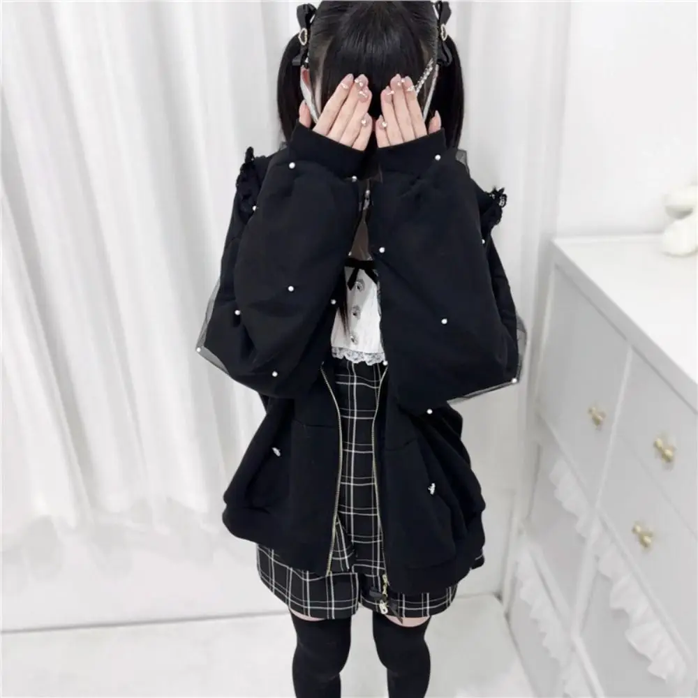 

Long Sleeve Strapped Rabbit Ear Hoodie Lolita JK Winter Autumn Cardigans Women Y2K Ladies Top Thick Warm Lace Bow Coats