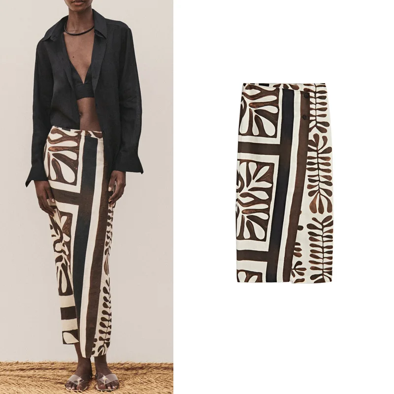 Bohemian Print Halftoon Wrap High Waist  Skirt Vacation Style Leaf Patterned Women's Fashion Spring Summer 2023