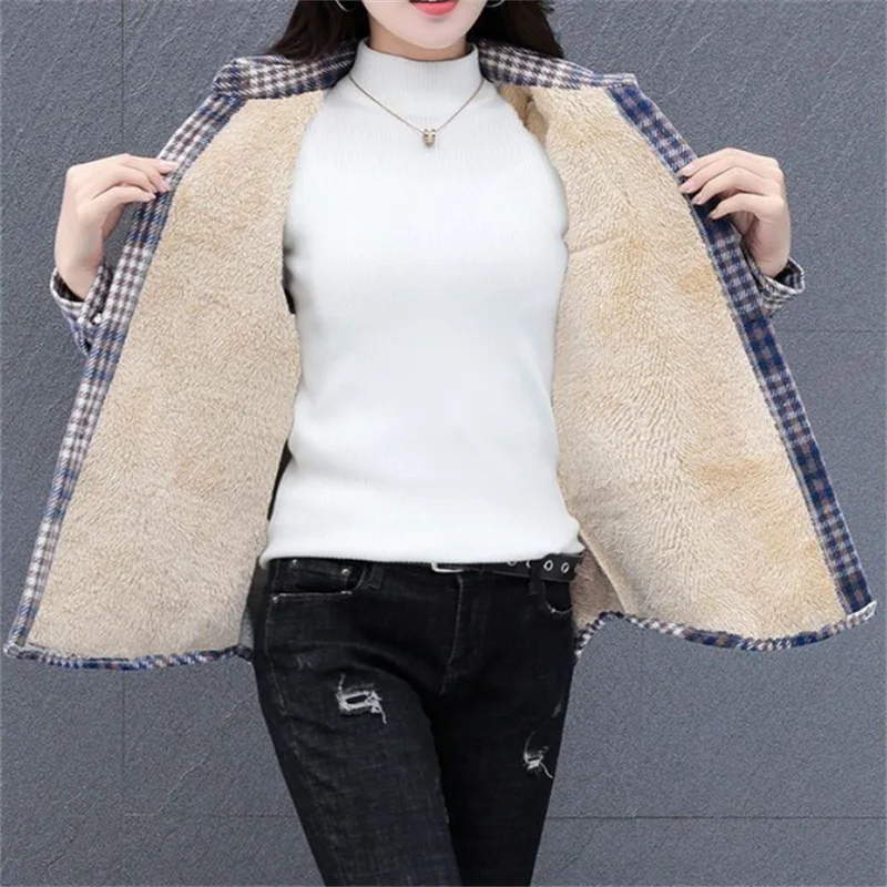 

Thicken Shirt Women's Warm Checkered Shirt Button Up Blouse Loose Casual Outerwear Pocket Cotton Blous Casual Female Shirts