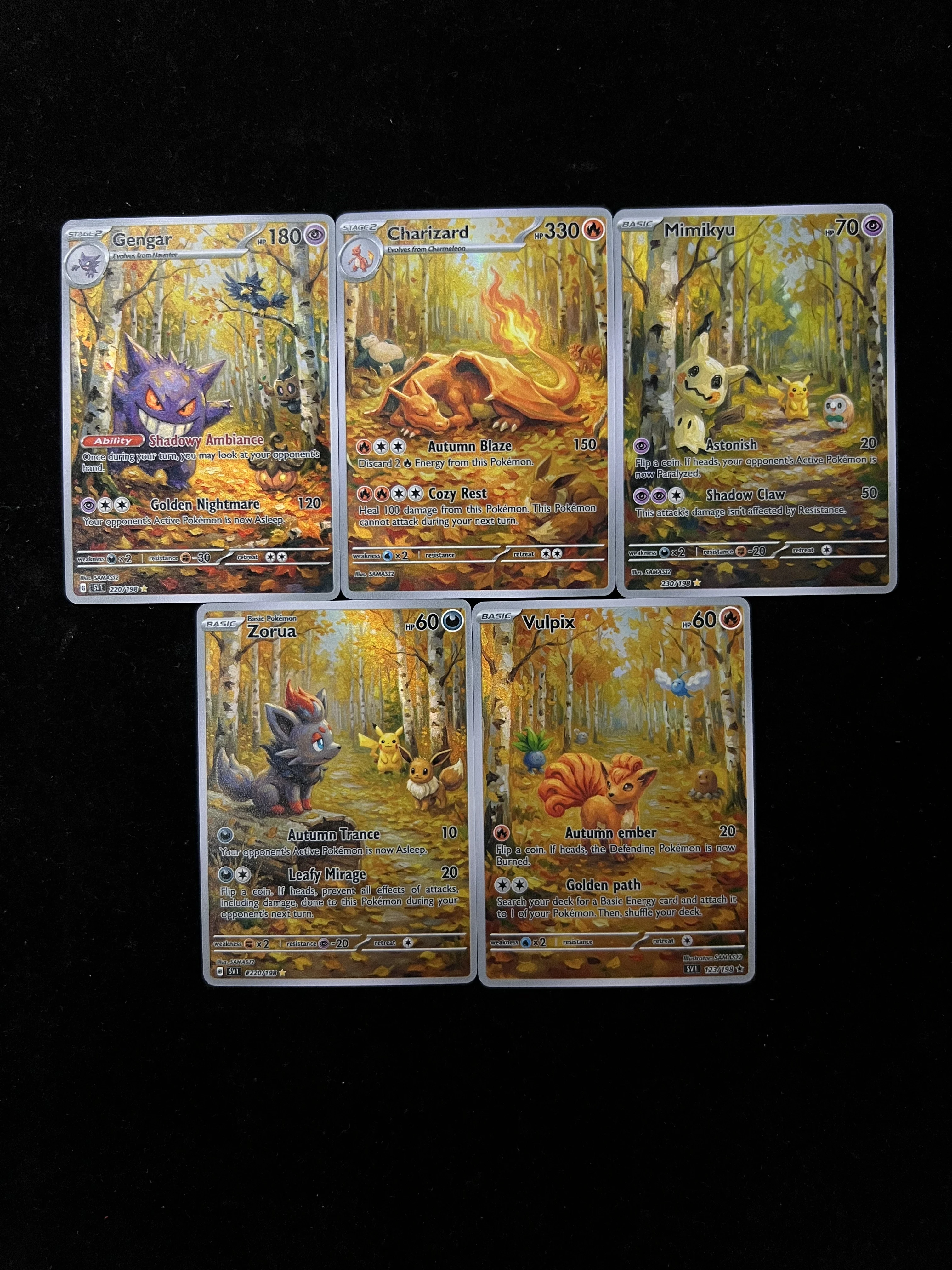 Pocket Monster Carnival Amusement Park 5 Cards Set,Gengar Charizard Mimikyu Zorua Vulpix Full Art Collectible Cards