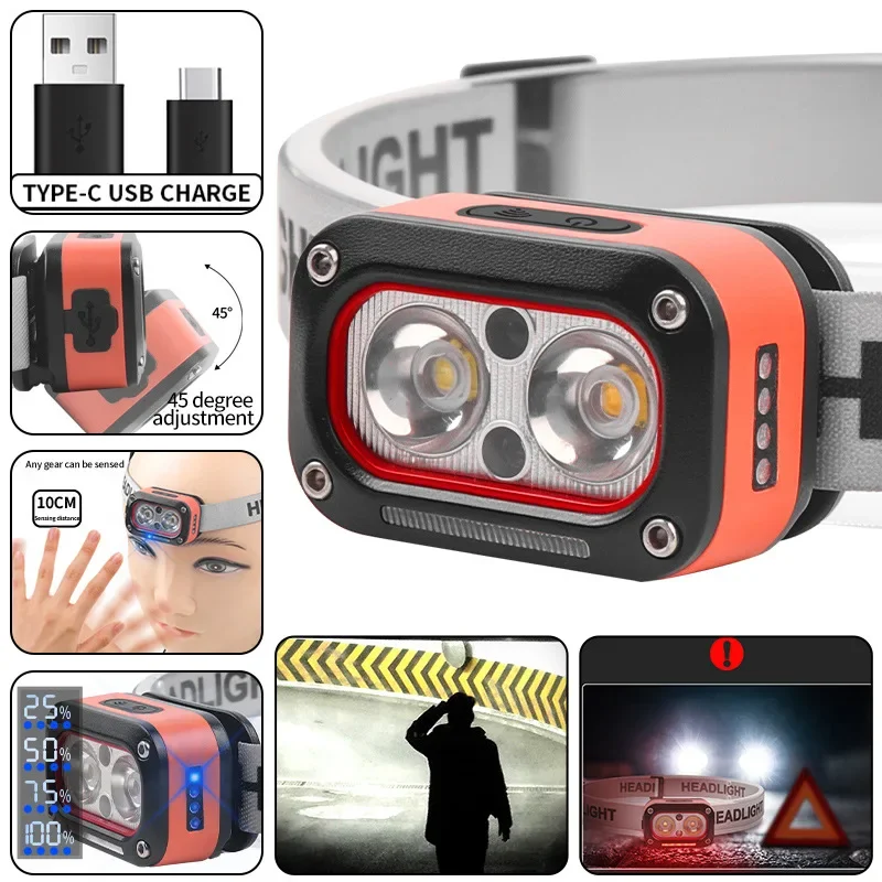 Three Light Strong Light Sensor Headlamp LED Sensor Head Lamp USB Rechargeable Outdoor Lighting Headwear Light Source