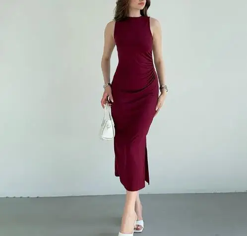

Women's Dress Summer 2025 New Fashionable and Elegant Solid Color Sleeveless Round Neck Slit Tight Fit Dress for Women's Wear
