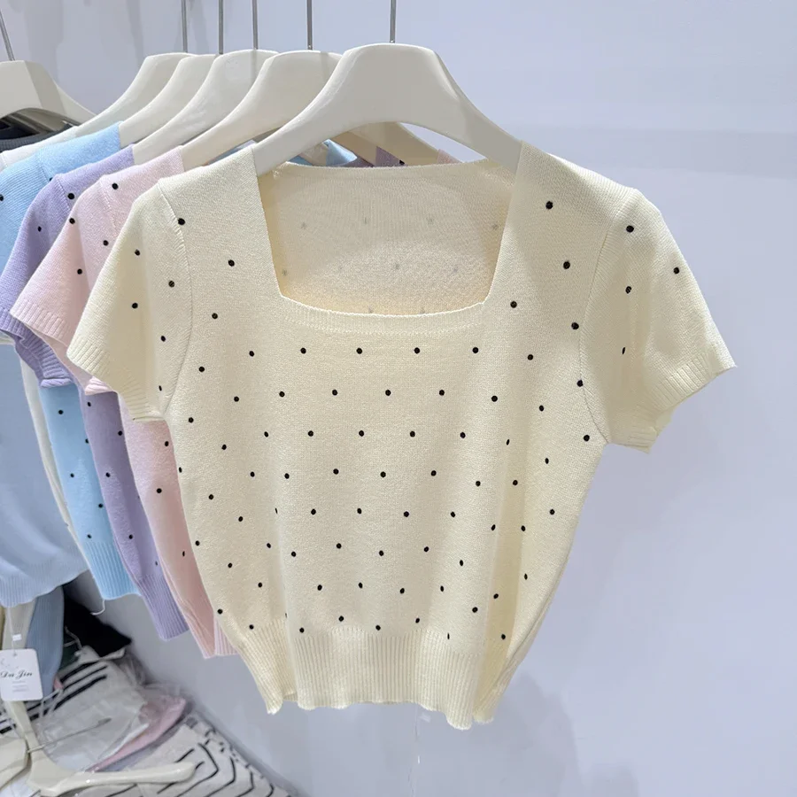 

Basic Square Collar Solid Thin Summer 2025 Pullover Women Female Knitted Round Dot Sweater Slim Short Sleeve Bodycon Sweater