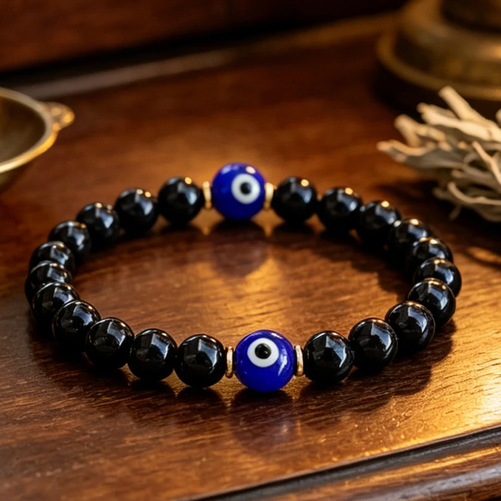 Evil Eye Protection Black Onyx Beaded Bracelet Natural Stone Handmade Demon Eyes Lucky Yoga Meditation Jewelry