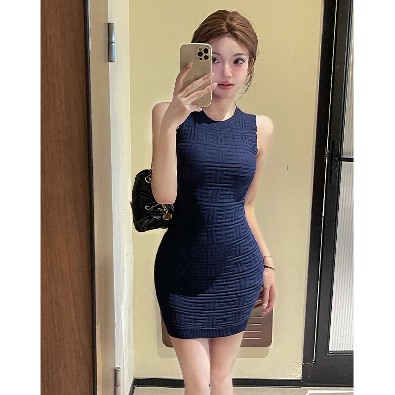 Summer Sexy Knitted Dress Women's Slim Fit Waist Cinched Short Vest Skirt High Waist Commute Style round Neckline H-Shape Dress
