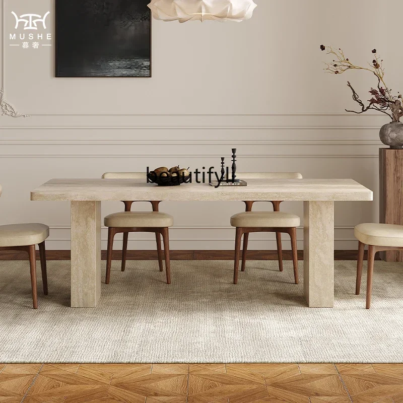 French retro travertine rock slab dining table and chair combination modern home designer dining table