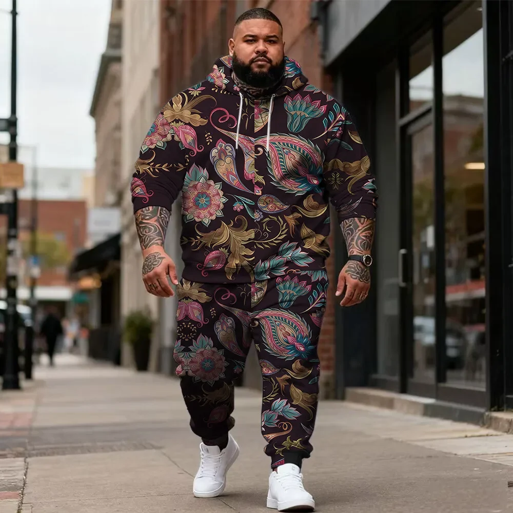 Men's Plus Size 2 Piece Pullover Hoodie and Jogger Pants Set, Allover Retro Paisley, Floral Tile or Leaf Diamond Prints, S-9XL