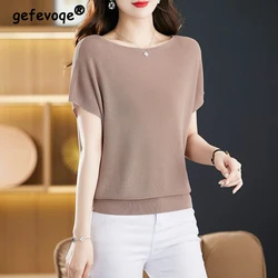 Women Korean Simple Casual Elegant Ice Silk Knitted T-shirts Summer Female Fashion Short Sleeve Solid Loose Pullover Basic Tops