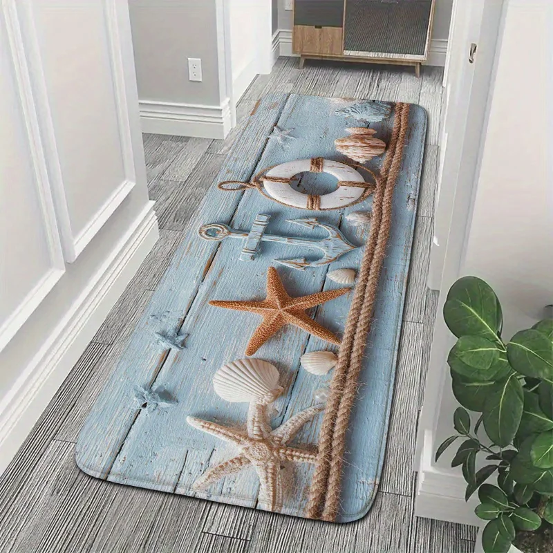 Coastal Beach Themed Long Bath Runner Mat Anti Slip Water Absorbent Rug Starfish Shell Anchor Decor Carpet for Entrance Laundry view 2