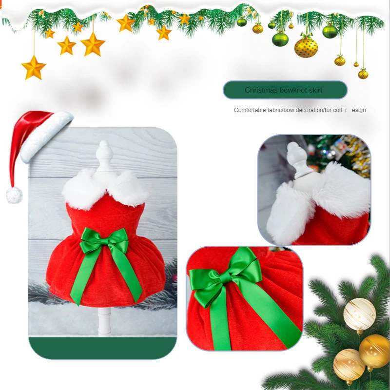 Abrigo de Navidad para perros, ropa para perros, vestido de Navidad, falda roja para mascotas, vestido cálido para gatos, falda con lazo,