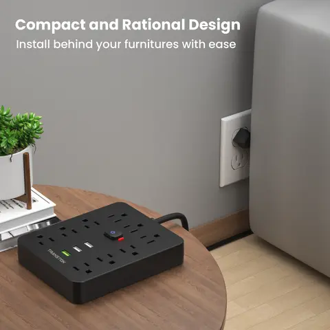 TRANSTON Power Outlet with Surge Protector, 9 power strip 3 USB Ports, 10ft Extension Cord, Quick Charge, For Home and Offic