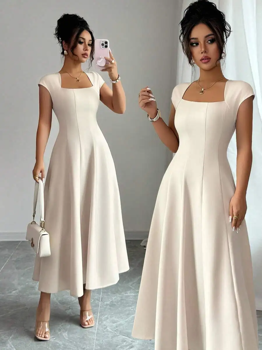 

Elegant Square Collar Cinched Waist A-Line Midi Dress For Women Spring Summer Casual Vacation Beach Festival