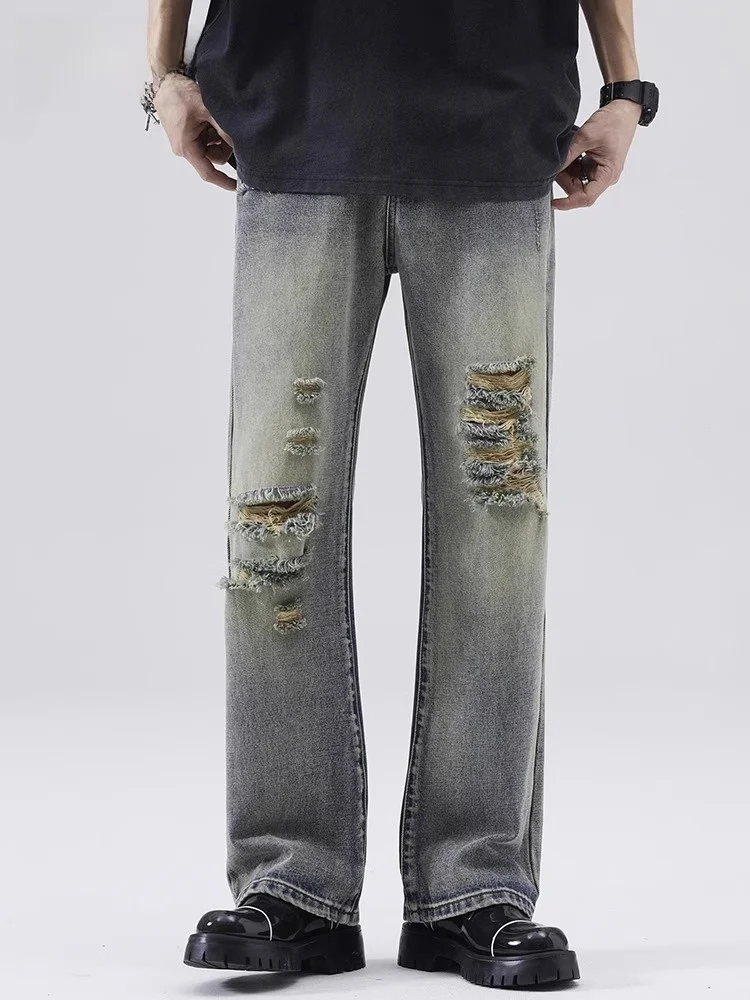 

JFU Men's Retro American Denim Jeans Spring Summer Thin Washed Loose Hole Straight Leg Long Trousers Youth Trend Cotton Polye...