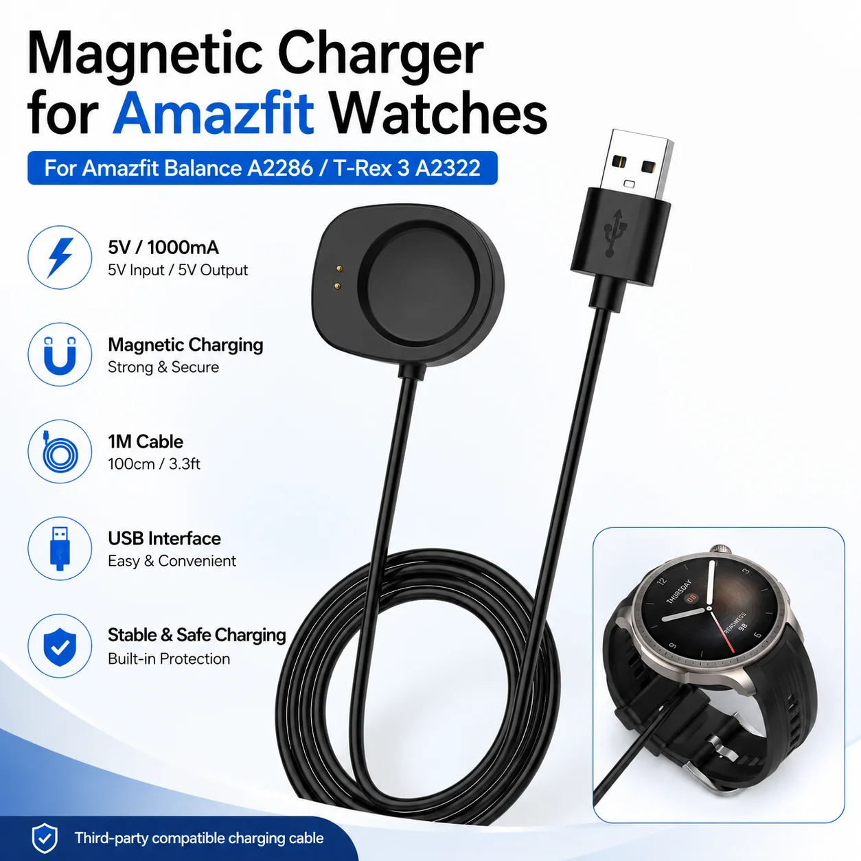 Cabo Carregador Magnético de 1M USB para Amazfit Balance A2286 T-Rex 3 A2322, Cabo de Carregamento para Smartwatch 5V 1000mA, Acessório de Substituiçã