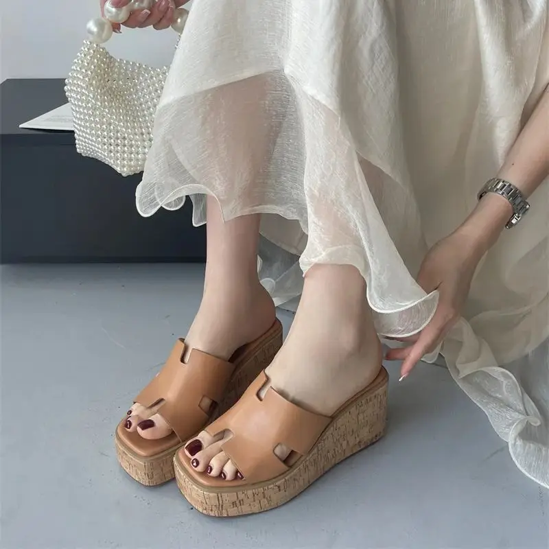 Black Heels Slippers Summer Block Wedge Shoes White Sandals Casual Woman Platform Heels Slippers Brown Sandales Femmes Size 43