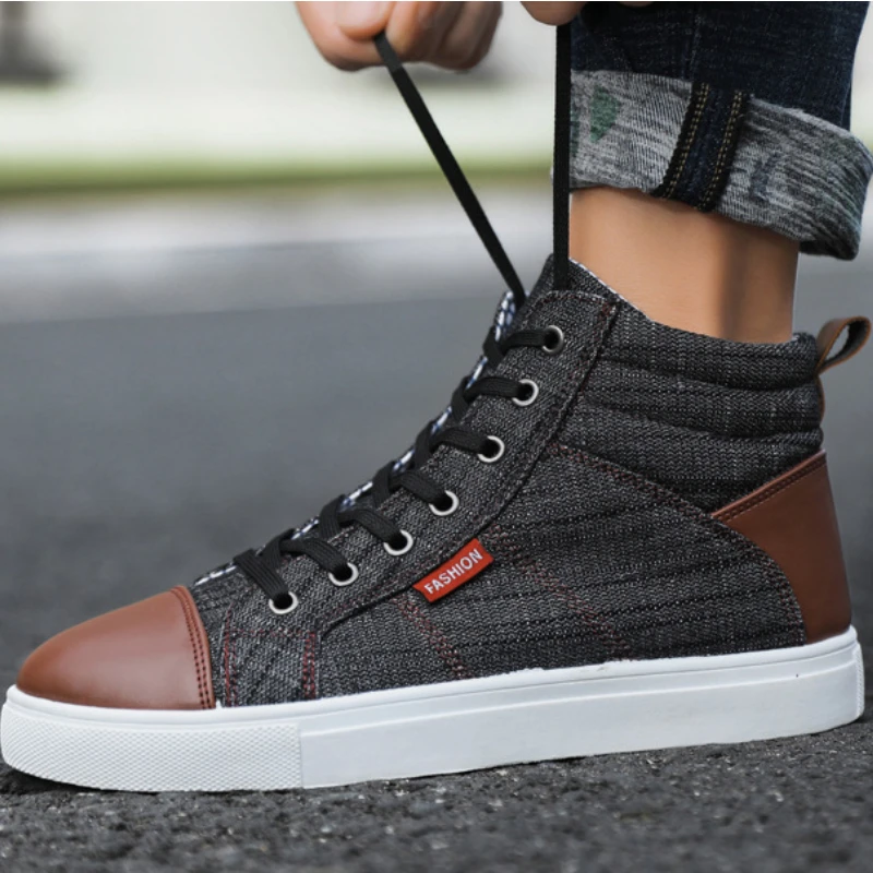 Luxury Denim Men\'s Boots Designer High-Top Casual Shoes for Men Fashion Lace Up Sneakers British style Men Ankle Boots 2024 New