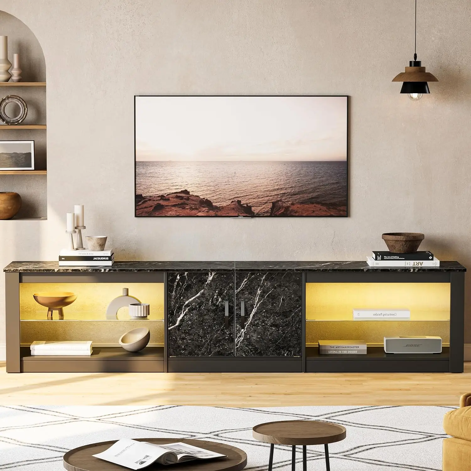 80 Inch TV Stand for 75/85/86 inch TVs, LED Gaming Entertainment Center for PS5 with Storage Cabinet &Adjustable, Customized