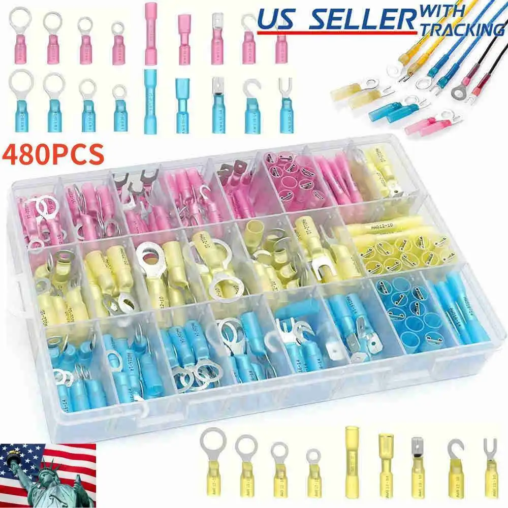 480PCS Heat Shrink Wire Connectors Electrical Terminals Kit Waterproof Marine US