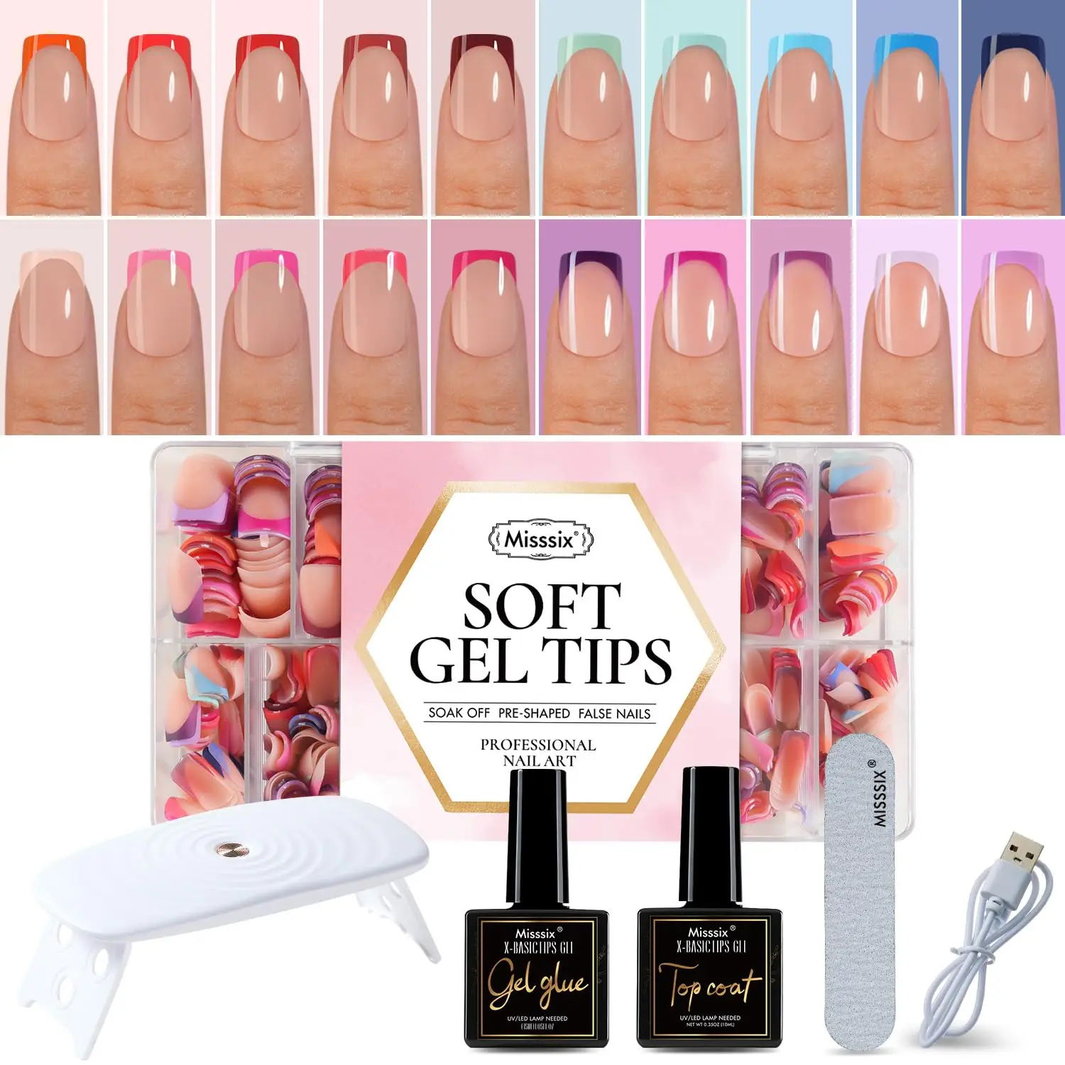 

600 Pcs Short Square French Gel Nail Tips, 20 Colors Starter Kit with UV Lamp for DIY Nail Art