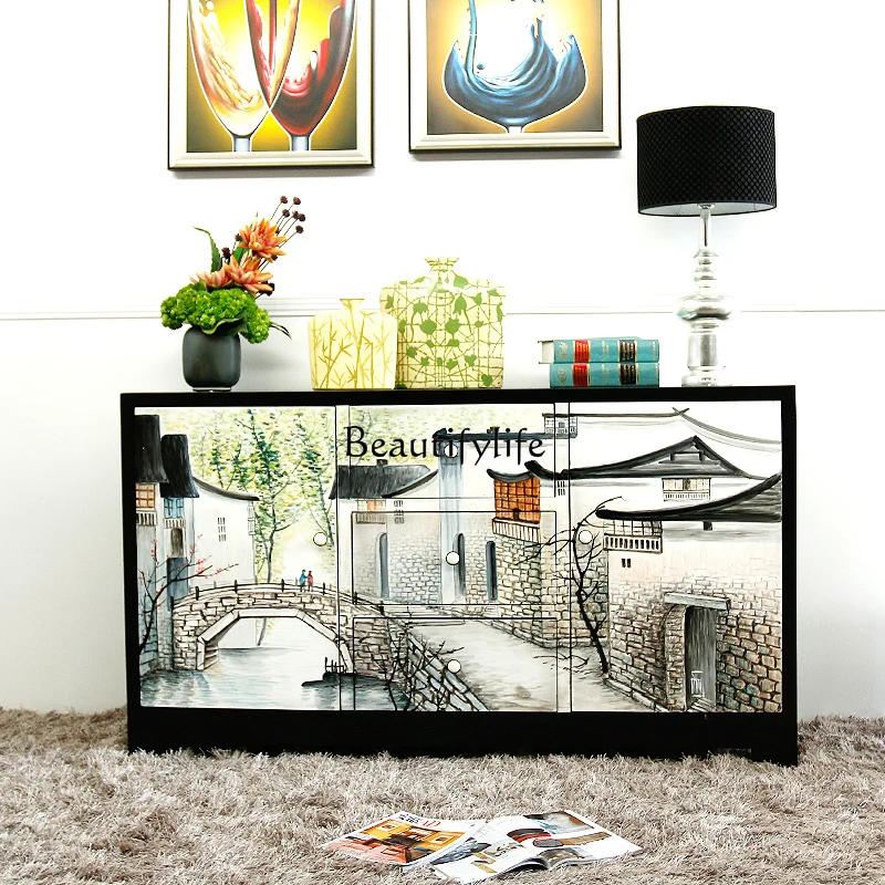 Modern new Chinese hand-painted Jiangnan water town color dining side cabinet Chinese style home entrance cabinet