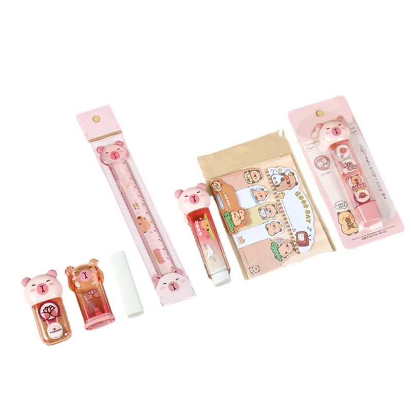 1 Set Set Capybara Stationery Set Set Routener Ruler Eraser Recrection лента Sticky Notes Learning Gift Box School Supplies 601e