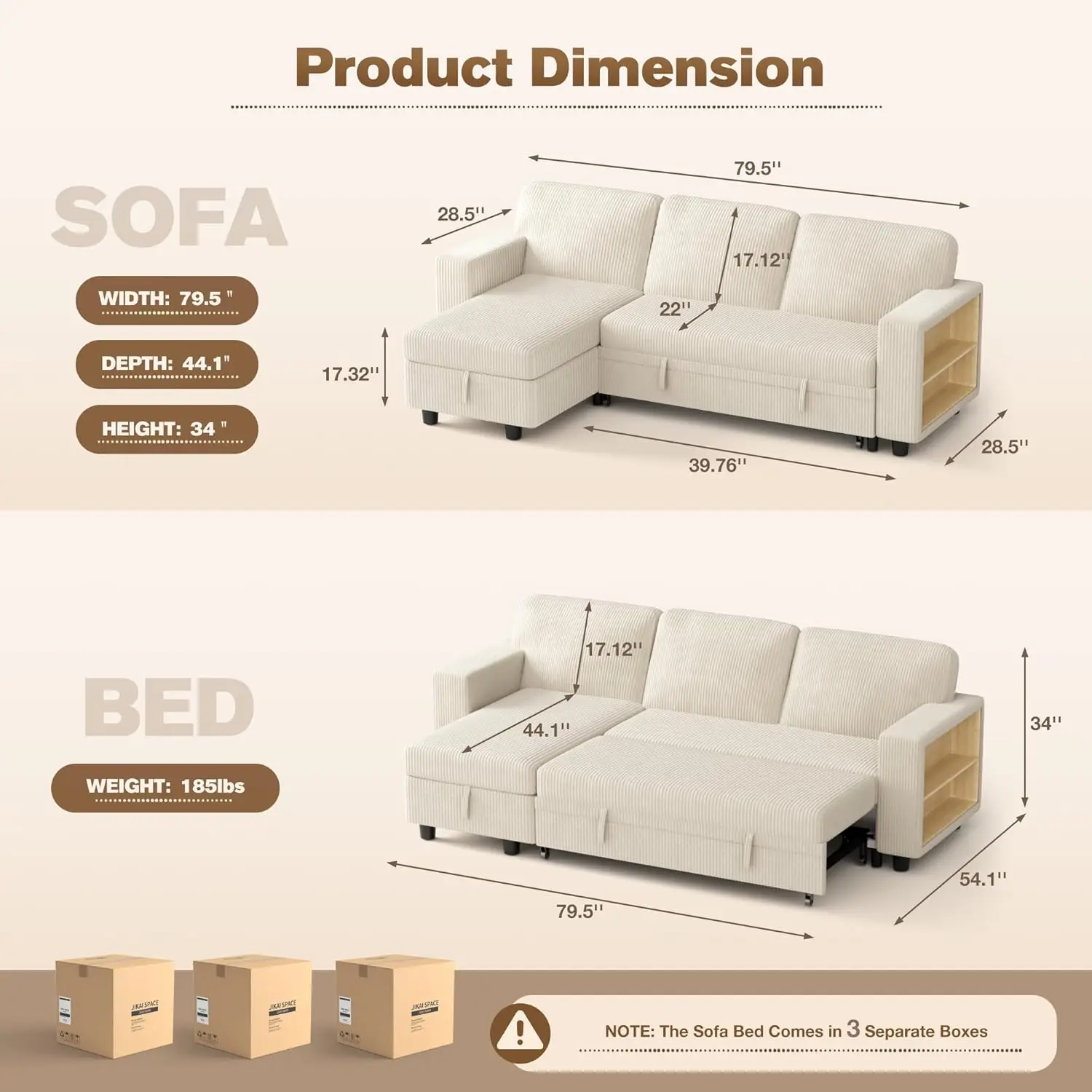 Yeshomy L-Shaped Sofa Bed Convertible Sectional Couch For Living Room With Pull Out Sleeper, Storage Chaise & 2 Built-In