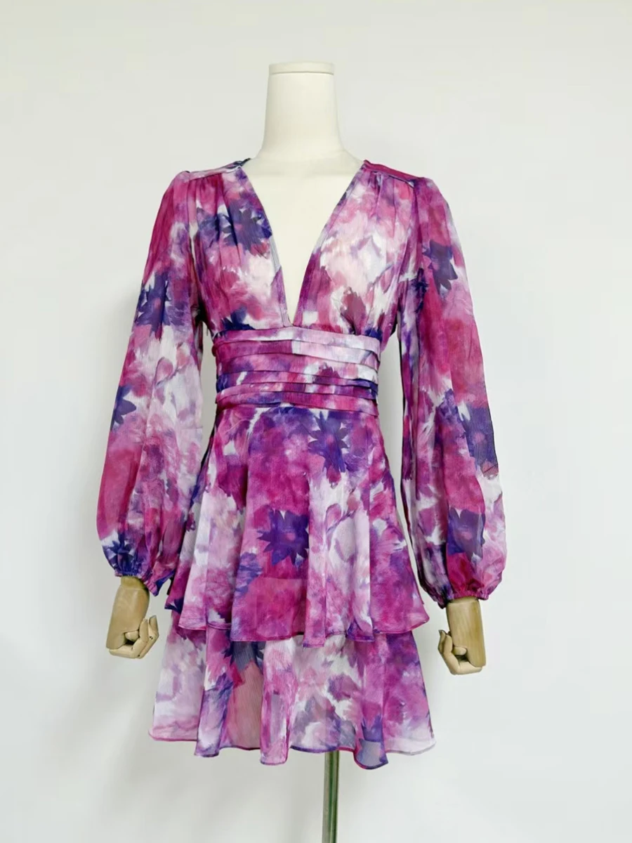 VGH Hit Color Print Slimming Short Dress For Women V Neck Lantern Long Sleeve High Waist Spliced Ruffles Dresses Female Fashion