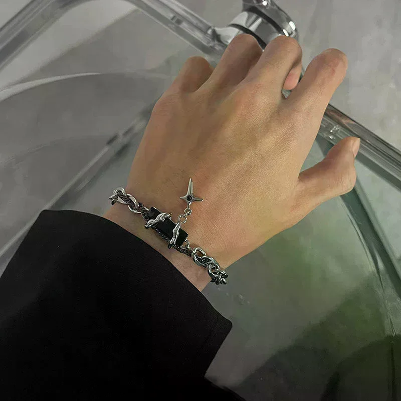 الرجعية الأسود الزركون ستار سوار للنساء الرجال الهدايا الاتجاه سلسلة معدنية للجنسين القوطي مجوهرات جديد زوجين الملحقات