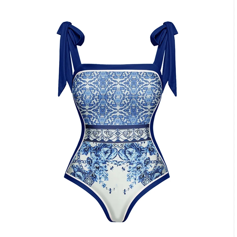 Bañador y falda de porcelana azul y blanca para mujer, traje de baño de lujo, ropa de playa para vacaciones, 2024