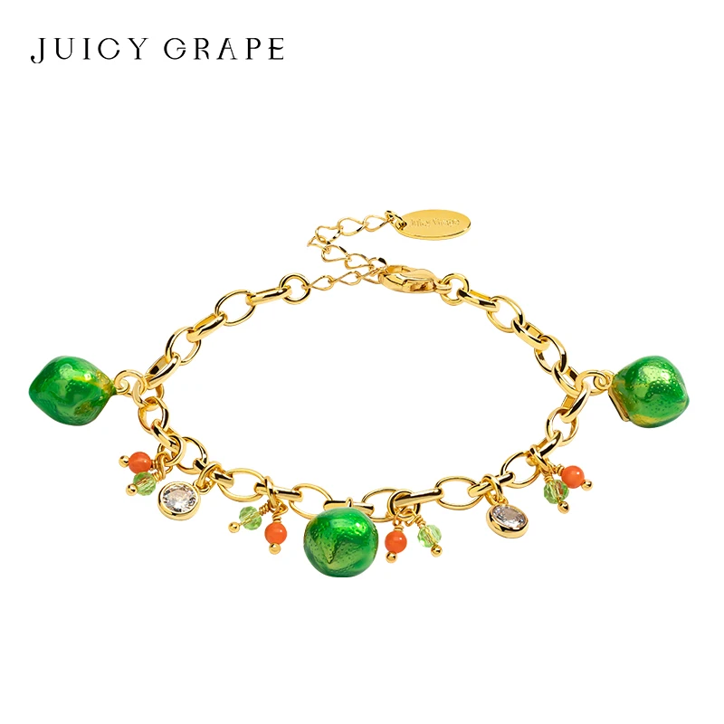 

JuicyGrape Green Grapefruit Bracelet Handmade Enamel Bracelet Zircon Pendant Bracelet Plated with18K Real Gold for Women Gifts