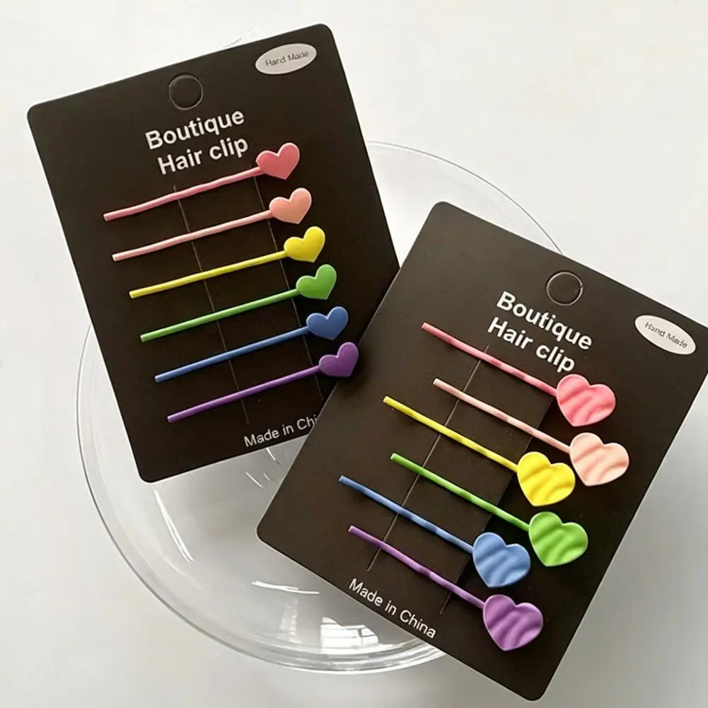 

6Pcs Girl Hairpins Baking Paint Process No Peeling Stable Grip Metal Clip Base Hair Pins Star Heart Bowknot Decor Candy Color St
