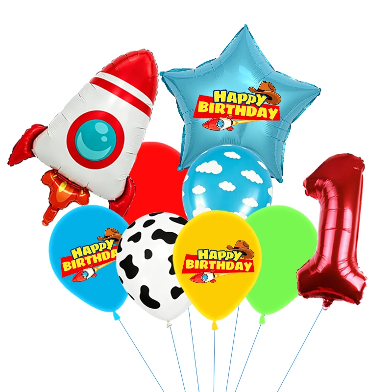 Rote, gelbe und grüne Spielzeugballons, hellblaue Ballons mit Wolken- und Kuhmuster für die Dekorationen zu Babystory- und Cowboy-Partys – Detail 11